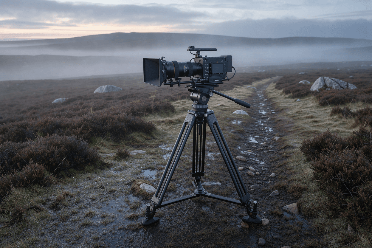 A cinema camera on a tripod on a misty moorland at dawn