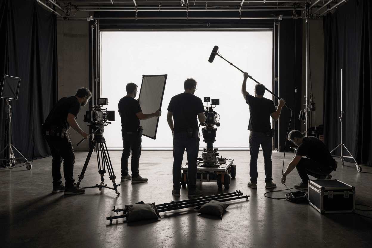 A film crew in silhouette against a bright light on a dark set