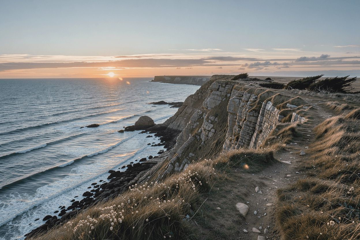 A coastal cliff at golden hour in a widescreen film still